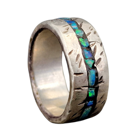Lightning Ridge Opalsplitter Design Ring aus 925er Silber, Gr. 55 (17,5), buntes Opalfeuer in Kunstharz, teilgeschwärzt, Unikat, Handarbeit