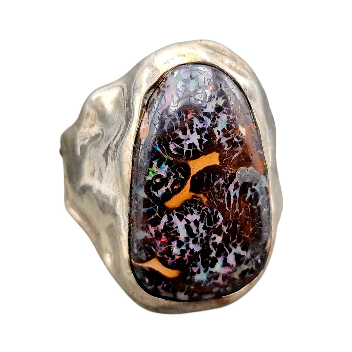 Boulder Opal Design Ring, Gr. 65-66 (20,9) aus 925er Silber, grob geschmiedet, tolles Muster, partiellem roten und grünem Opalfeuer, Unisex, Unikat, Handarbeit