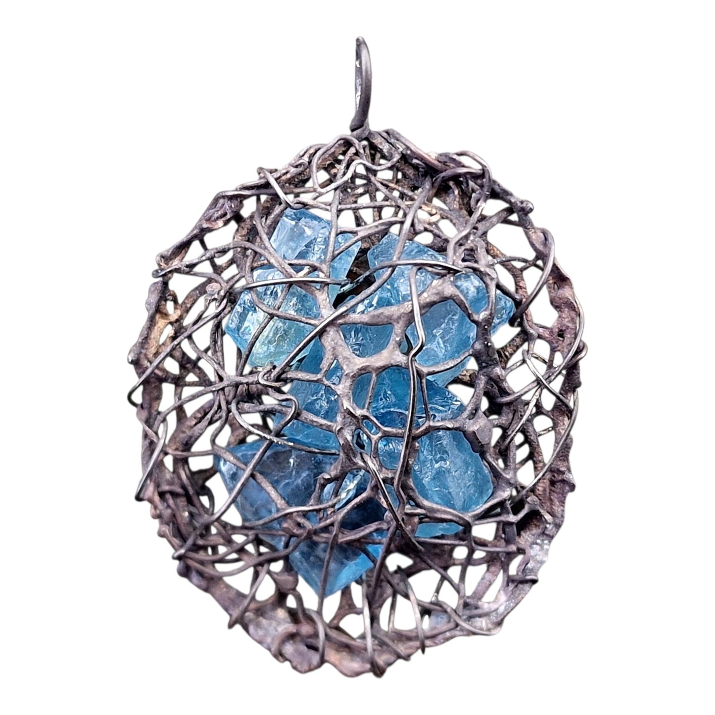Organischer Aquamarin Design Anhänger aus geschwärztem 925er Silber, Rohsteine, magisch, mystisch, Handarbeit, Unikat
