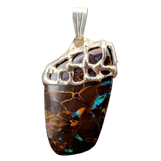 Boulder Opal Design Anhänger aus 925er Silber, Käfig gefasst, schönes Muster, Opalfeuer in grün und blau, Unisex, Unikat, Handarbeit
