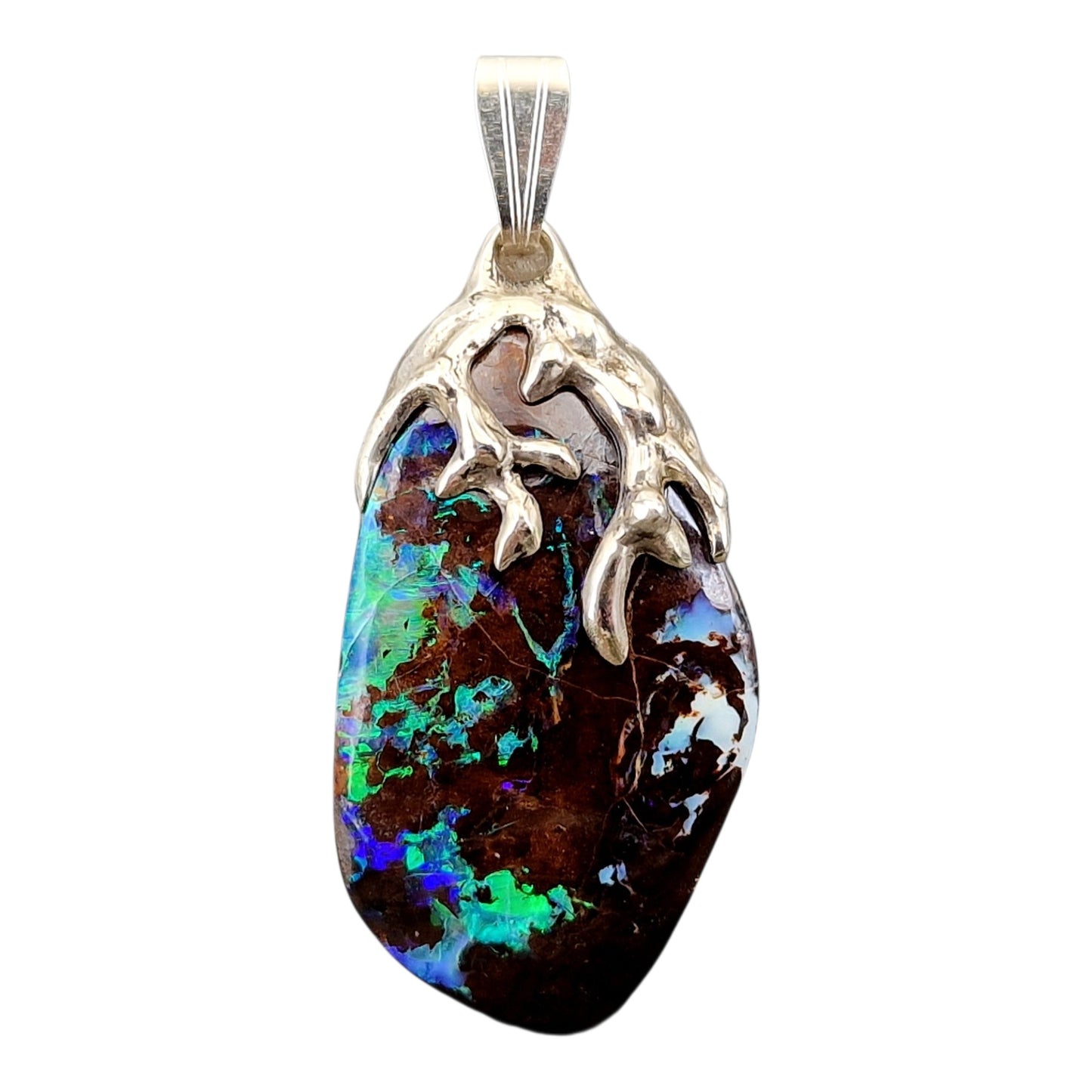 Tribal Design Anhänger aus 925er Silber, Boulder Opal mit wunderschönem Muster und brilliantem Opalfeuer in grün und blau, Unisex, Unikat, Handarbeit