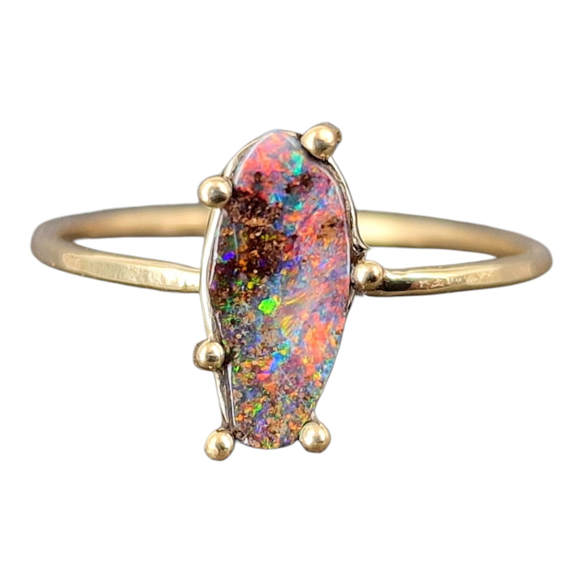 Feiner, Zarter 585er Gelbgold Ring, Gr. 56 (18), herrlicher Boulder Opal mit Multicolor Opalfeuer, Stotzenfassung, Unikat, Handarbeit