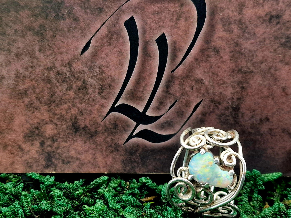 Lightning Ridge Opal Design Ring, Gr.59 (18,7), 925er Silber, florale Schnörkel, magisch, Opalfeuer in Multicolor, Unikat, Handarbeit