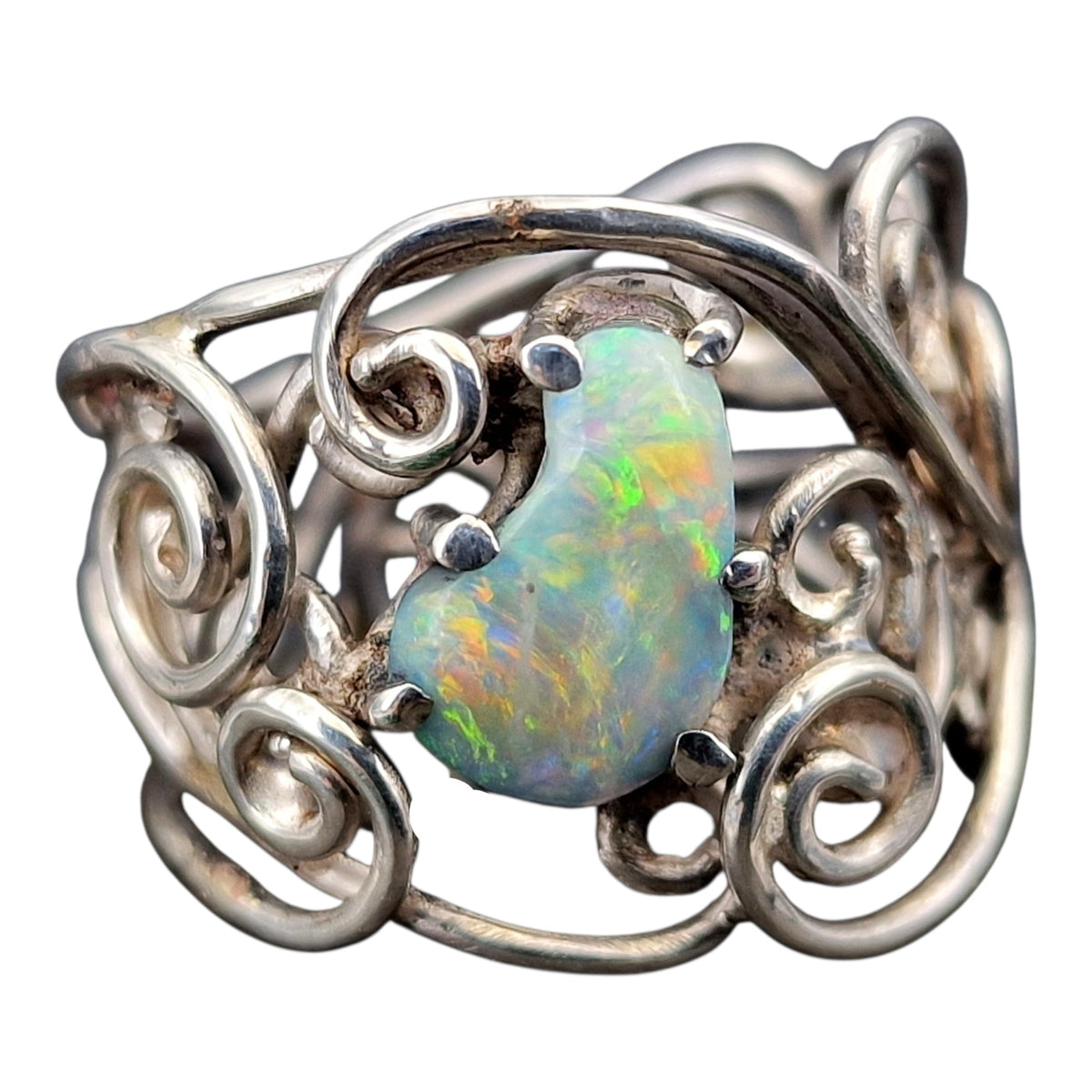 Lightning Ridge Opal Design Ring, Gr.59 (18,7), 925er Silber, florale Schnörkel, magisch, Opalfeuer in Multicolor, Unikat, Handarbeit