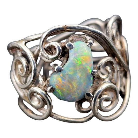 Lightning Ridge Opal Design Ring, Gr.59 (18,7), 925er Silber, florale Schnörkel, magisch, Opalfeuer in Multicolor, Unikat, Handarbeit