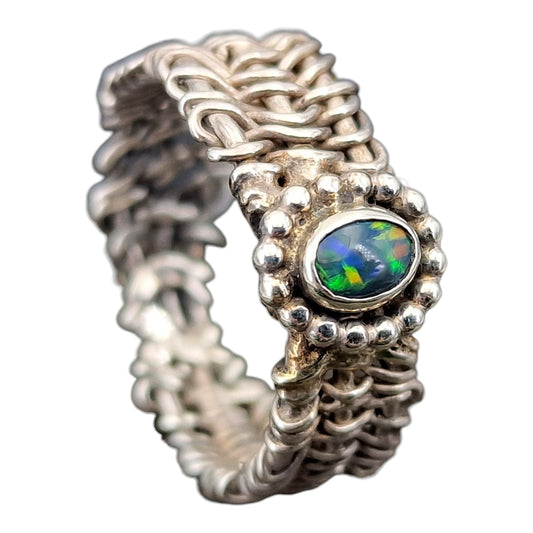 Schwarzer Opal Design Ring, Gr. 57 (18,3), aus 925er Silber, wild geflochtenes Design, mehrfarbiges Opalfeuer, magisch, mystisch, Stapelring, Unikat, Handarbeit