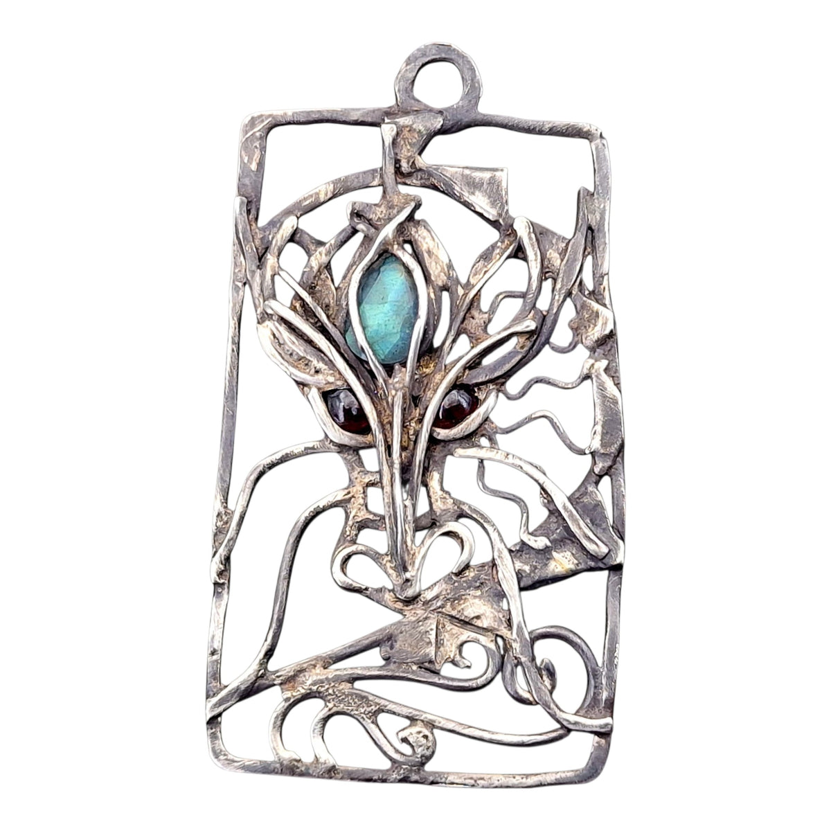 Magischer Drachen Design Anhänger, geschwärztes 925er Silber, blutrote Granat, blauem Labradorit, mystisch, Unikat, Handarbeit, Unisex