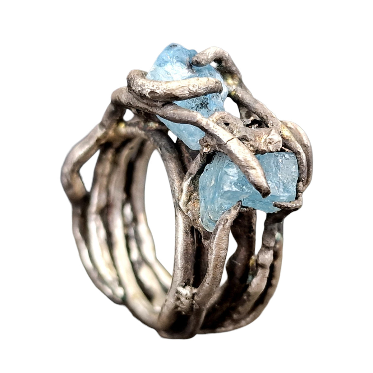 Organisch gewachsener Aquamarin Rohsteine Ring, Magisch, Mystisch, teilgeschwärzt, Gr.60 (19,3), Unikat, Handarbeit