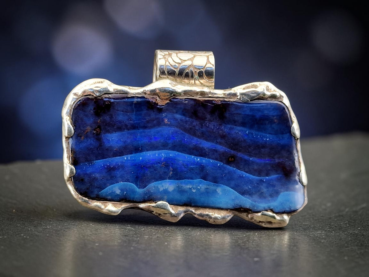 Boulder Opal "Meeresrauschen" Design Anhänger, 925er Silber, Picture Stone, verschiedene Blautöne, Unisex, Unikat, Handarbeit