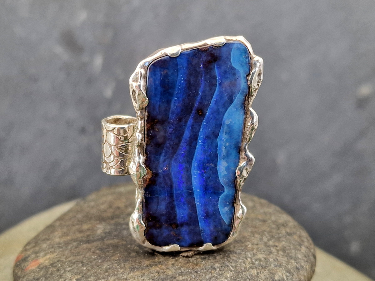Boulder Opal "Meeresrauschen" Design Anhänger, 925er Silber, Picture Stone, verschiedene Blautöne, Unisex, Unikat, Handarbeit