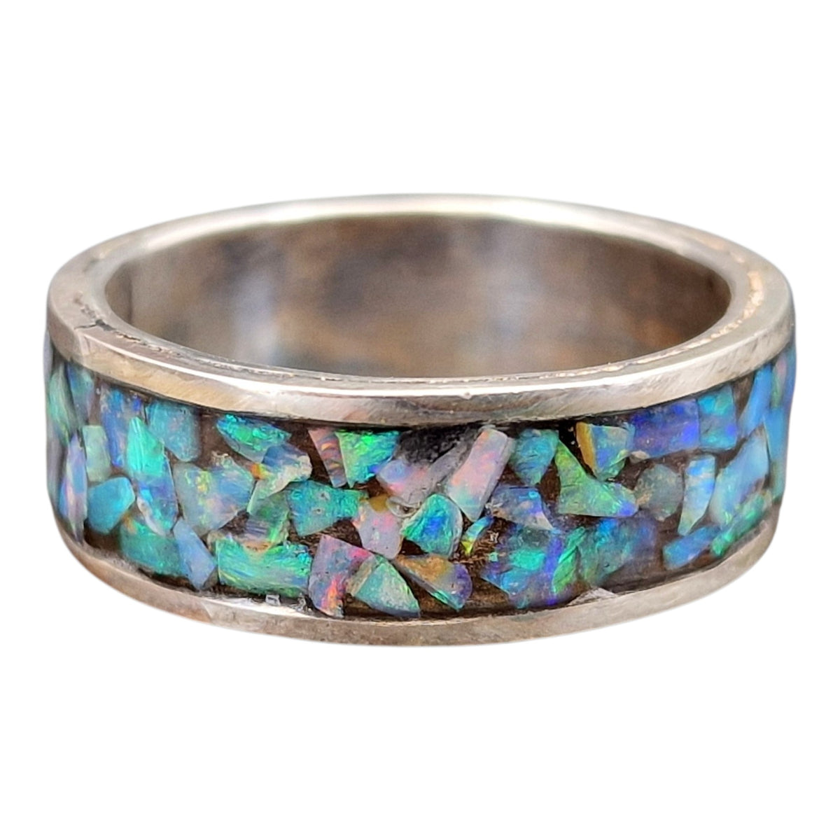 Lightning Ridge Opalchips Design Ring, Herrenring, Gr.71 (22,7) aus 925er Silber, Opalfeuer im Multicolor, 360 Grad in Kunstharz eingegossen,Nr.1, Unikat, Handarbeit