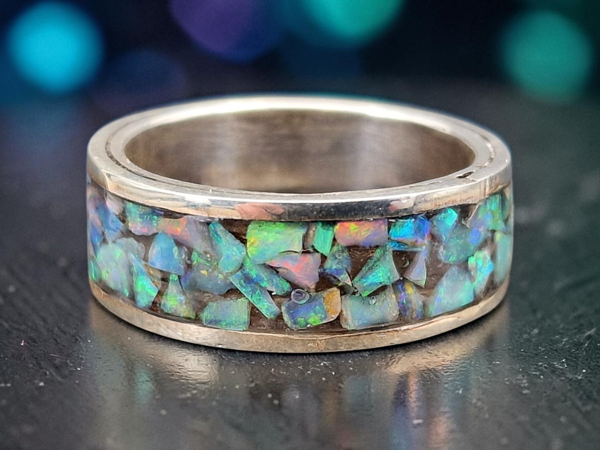 Lightning Ridge Opalchips Design Ring, Gr. 65-66 (20,8), aus 925er Silber, Multicolor Opale 360 Grad in Kunstharz, Nr.2, Unisex, Unikat, Handarbeit