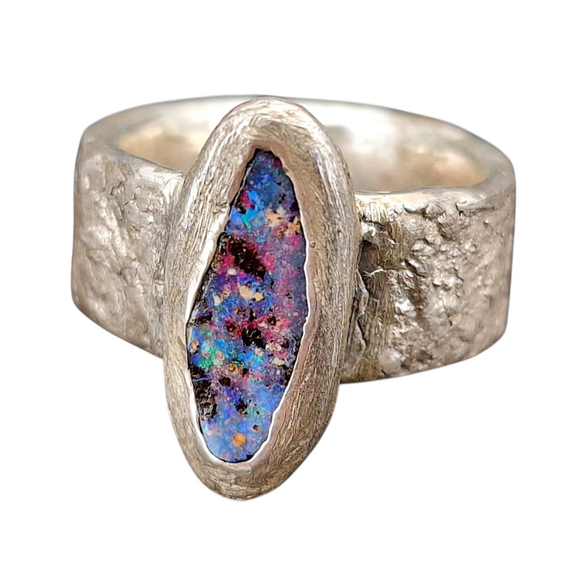 Boulder Opal Design Ring aus 925er Silber, Gr.52 (16,6), kräftiges mehrfarbiges Opalfeuer, massive Ringschiene mit Stein Struktur, Unikat, Handarbeit