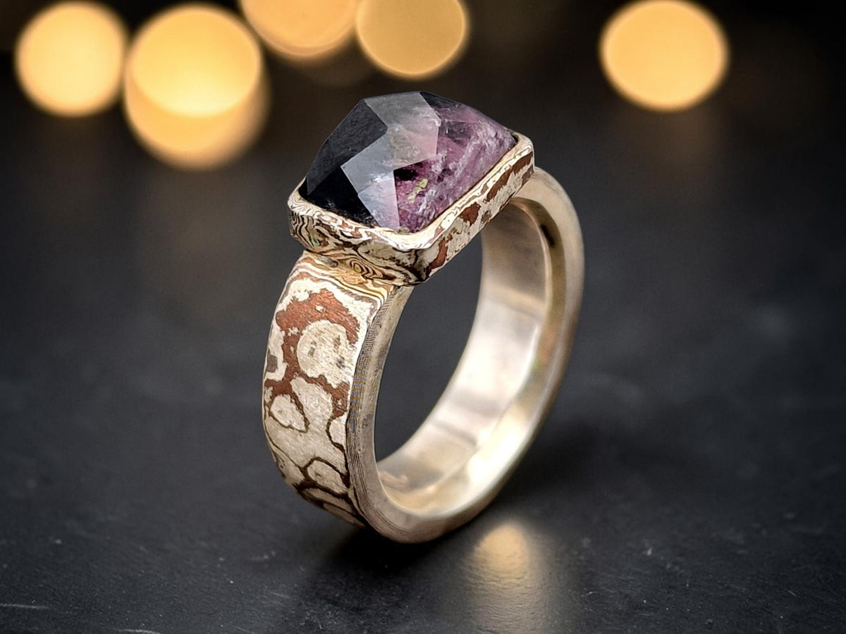 Zweifarbiger Turmalin Design Ring aus Mokume-Gane 925er Silber-Kupfer, Gr.56 (16,7), Unikat, Handarbeit