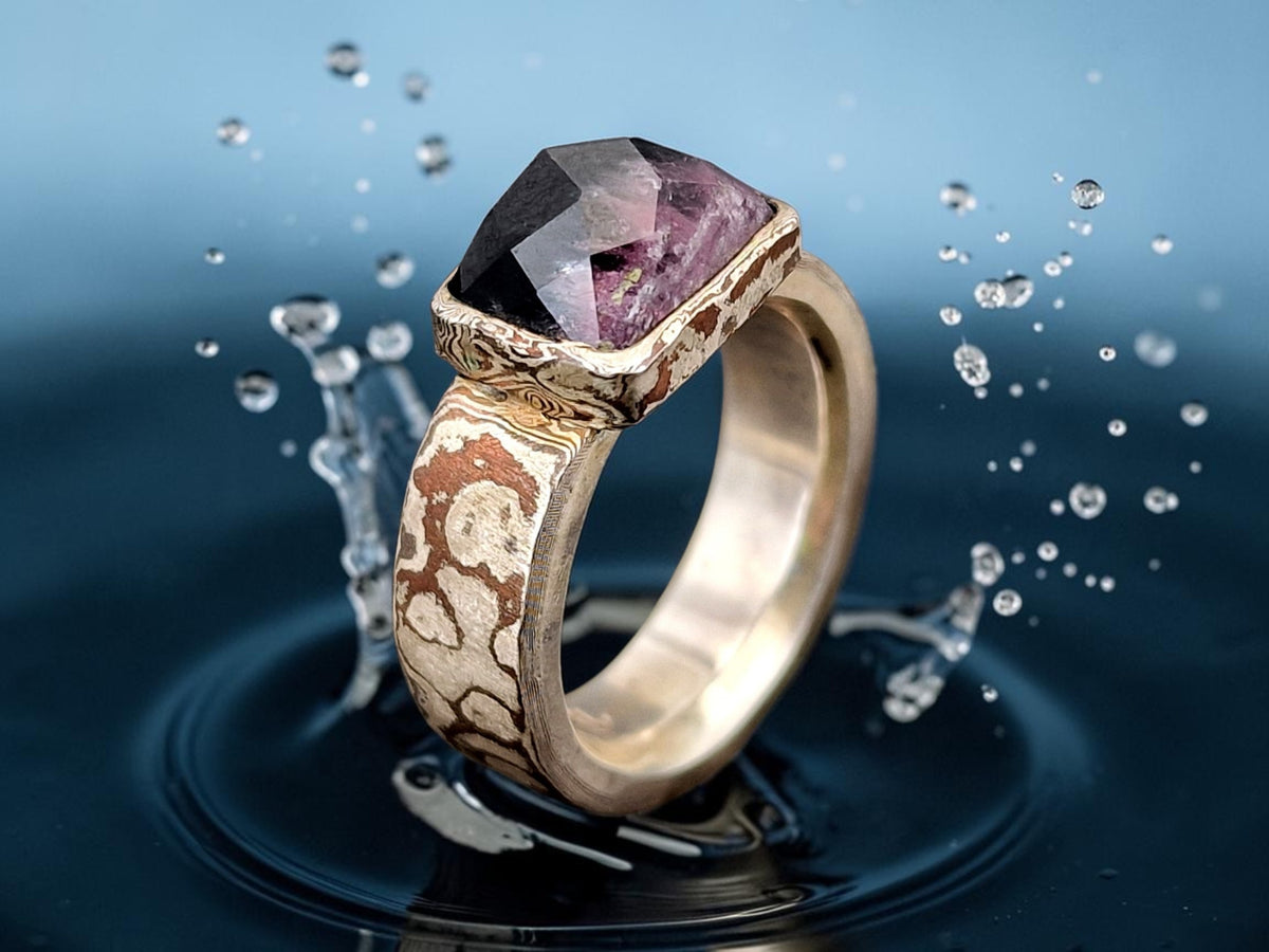 Zweifarbiger Turmalin Design Ring aus Mokume-Gane 925er Silber-Kupfer, Gr.56 (16,7), Unikat, Handarbeit