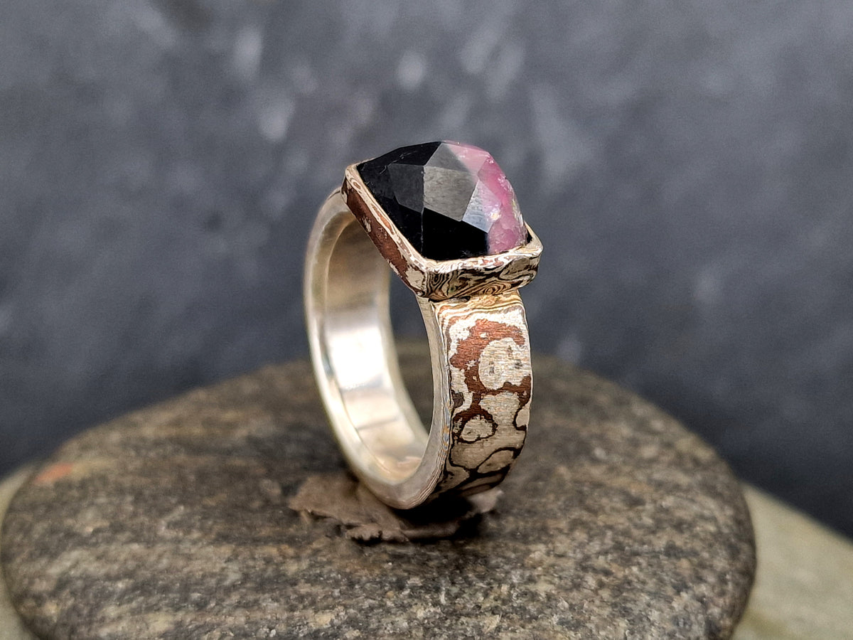 Zweifarbiger Turmalin Design Ring aus Mokume-Gane 925er Silber-Kupfer, Gr.56 (16,7), Unikat, Handarbeit