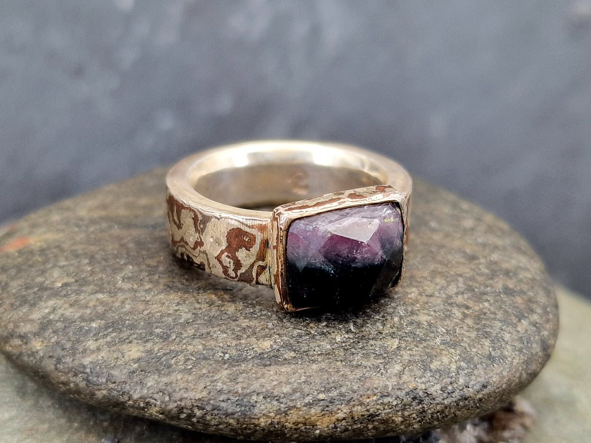 Zweifarbiger Turmalin Design Ring aus Mokume-Gane 925er Silber-Kupfer, Gr.56 (16,7), Unikat, Handarbeit