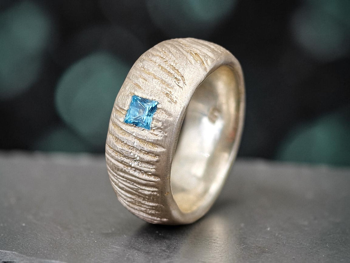 Massiver Wellen Design Ring mit Blautopas, 925er Silber, Gr. 58 (18,5), Unikat, Handarbeit