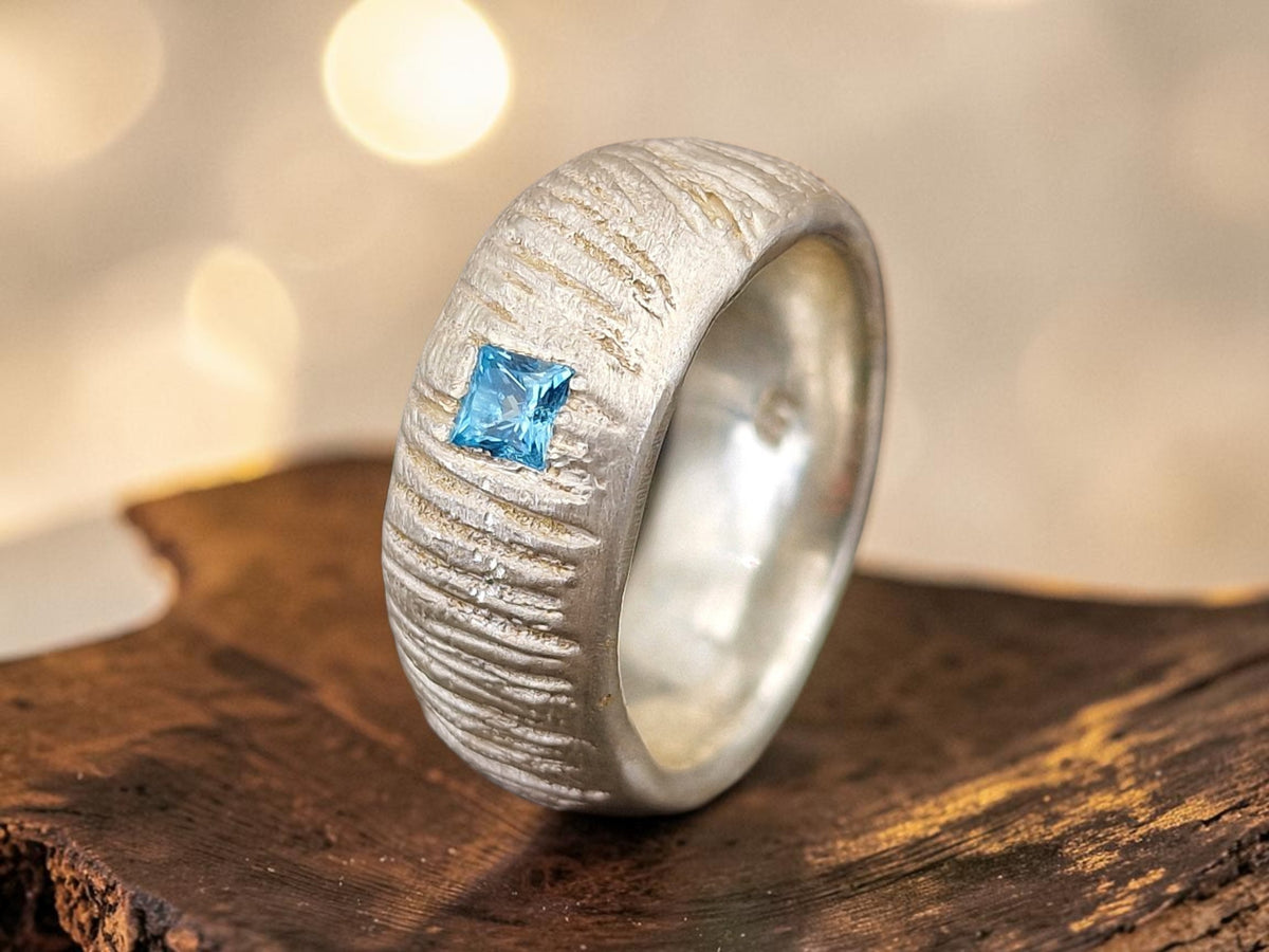 Massiver Wellen Design Ring mit Blautopas, 925er Silber, Gr. 58 (18,5), Unikat, Handarbeit