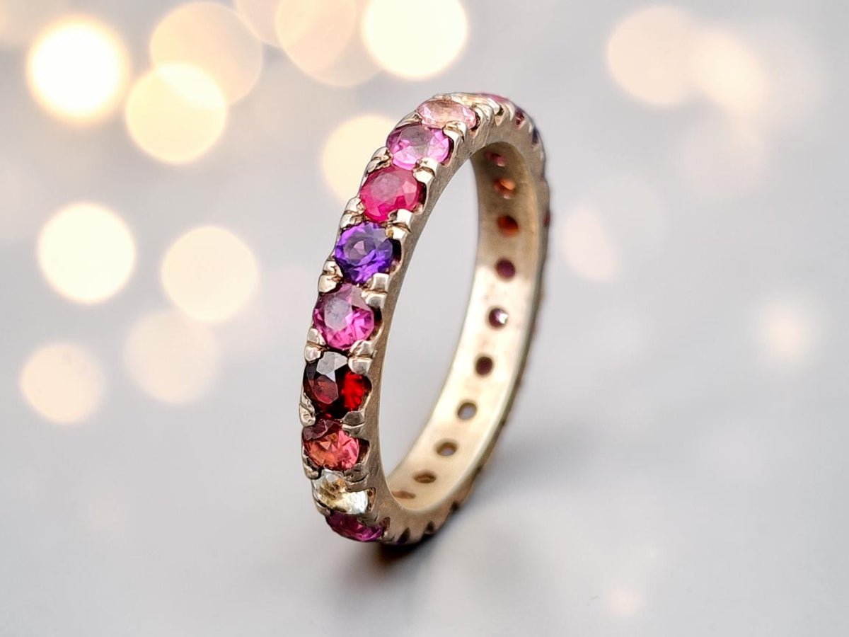 Memory Ring aus 925er Silber, Gr.59 (18,7), Granat und Topas versch. Variatonen, 360 Grad, Unikat, Handarbeit