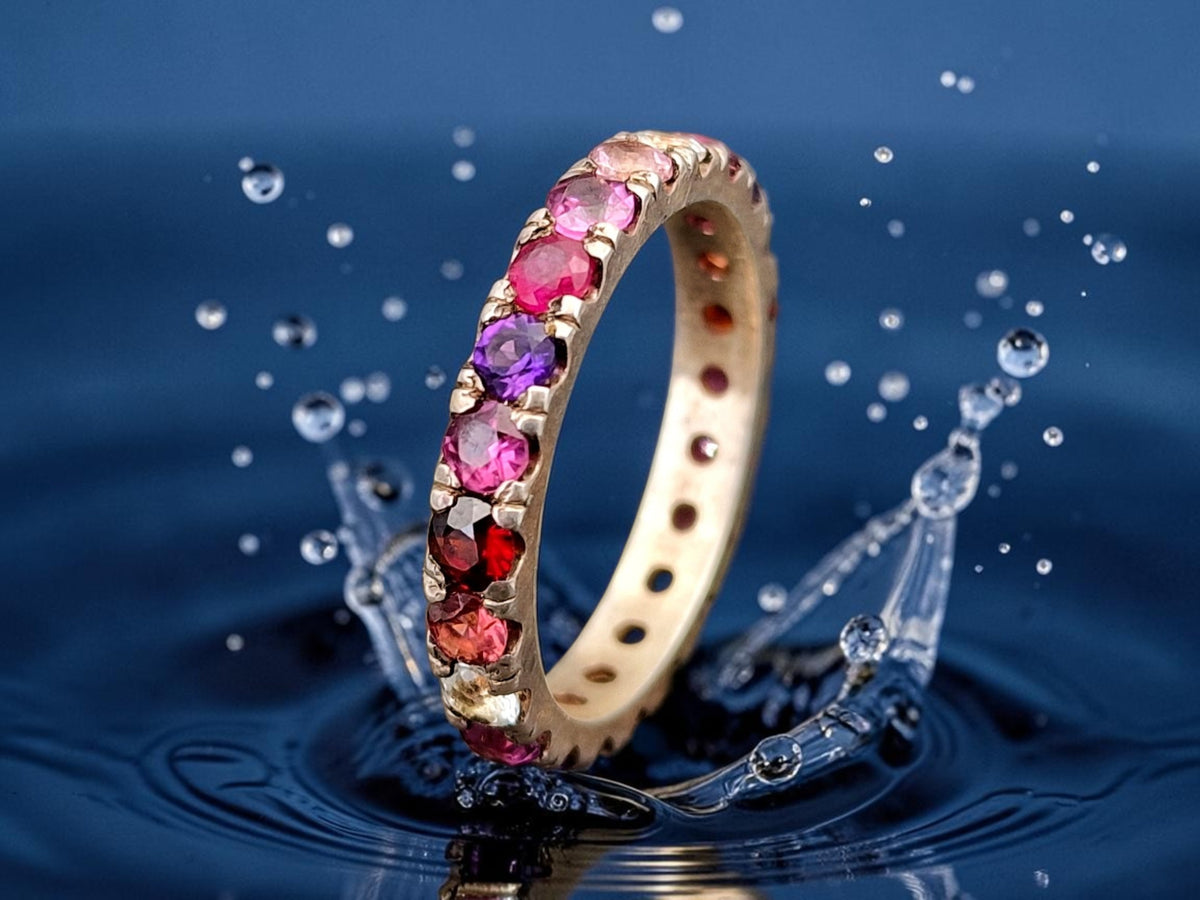 Memory Ring aus 925er Silber, Gr.59 (18,7), Granat und Topas versch. Variatonen, 360 Grad, Unikat, Handarbeit