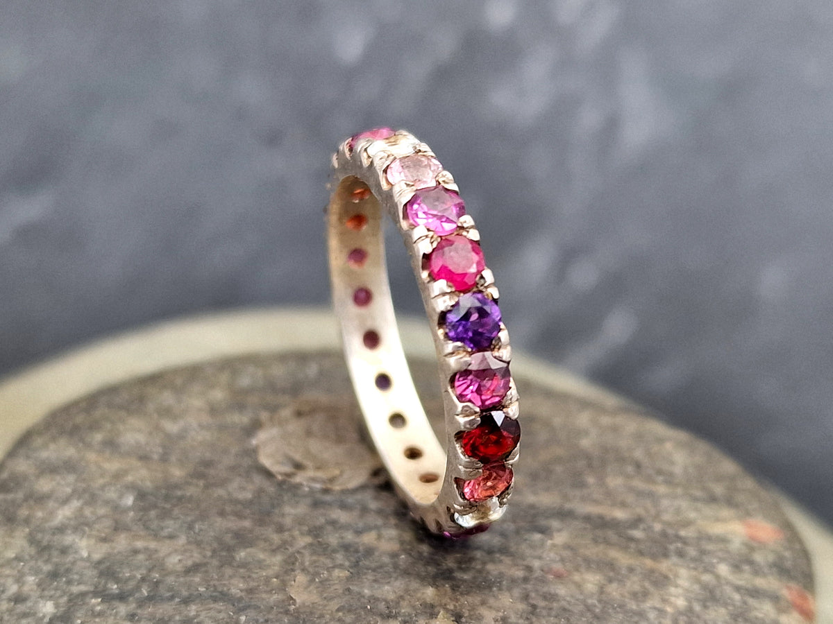 Memory Ring aus 925er Silber, Gr.59 (18,7), Granat und Topas versch. Variatonen, 360 Grad, Unikat, Handarbeit