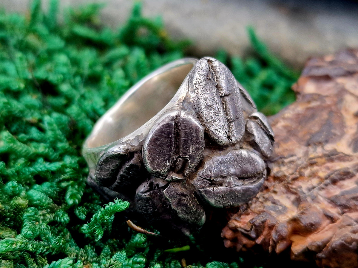 Teilgeschwärzter Kaffeebohnen Design Ring aus 925er Silber, echte abgeformte Kaffeebohnen, massiv, Unikat, Handarbeit