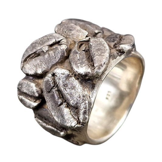 Teilgeschwärzter Kaffeebohnen Design Ring aus 925er Silber, echte abgeformte Kaffeebohnen, massiv, Unikat, Handarbeit