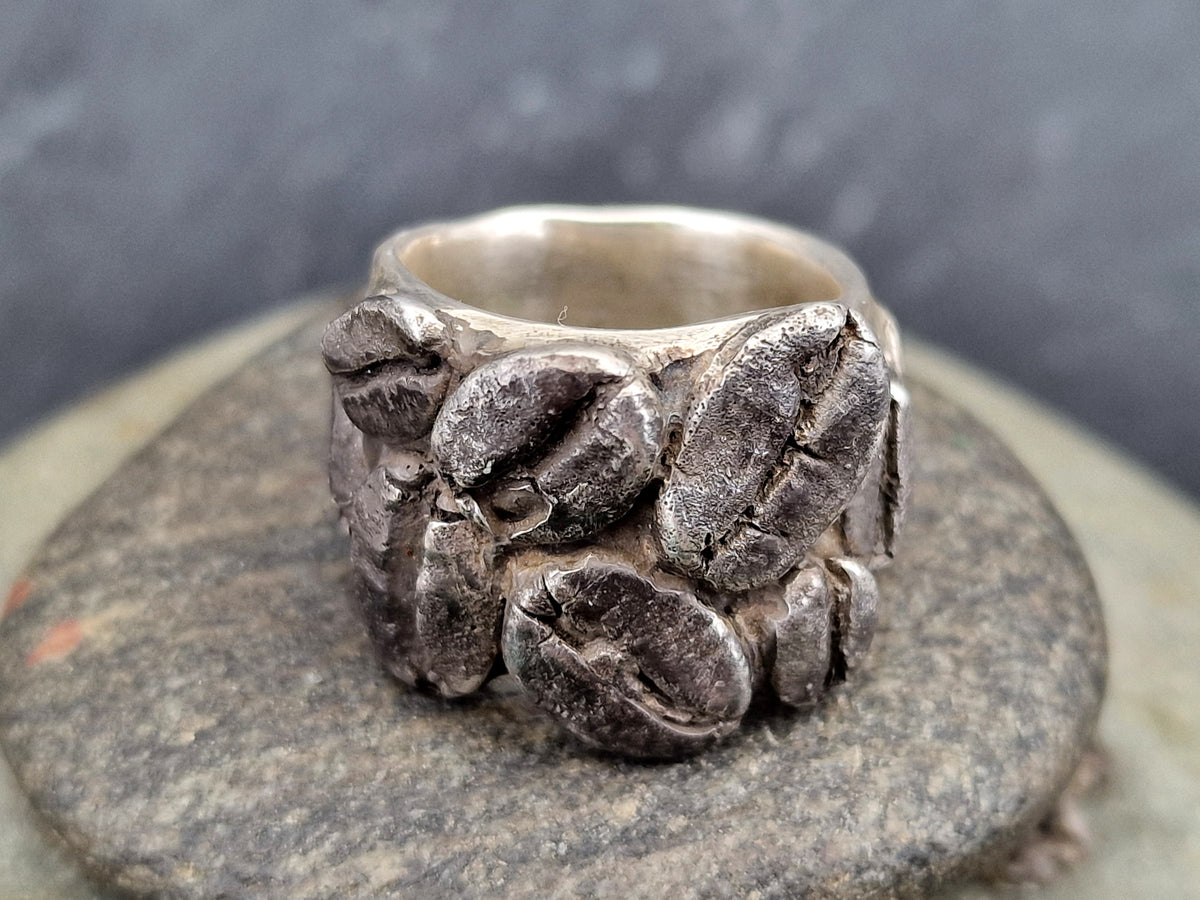Teilgeschwärzter Kaffeebohnen Design Ring aus 925er Silber, echte abgeformte Kaffeebohnen, massiv, Unikat, Handarbeit