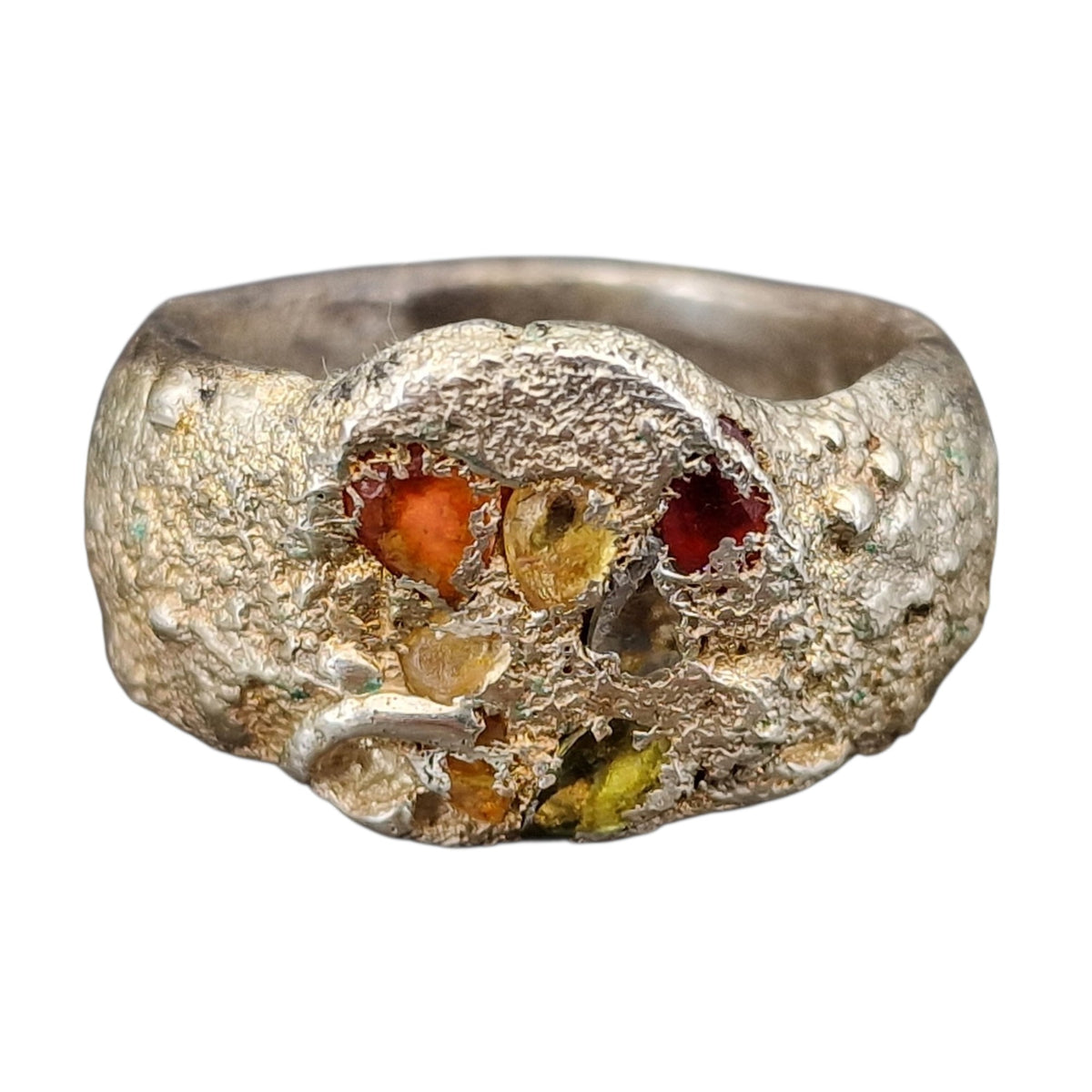 Sandguss Design Ring, Gr. 61 (19,5), aus 925er Silber, Siegelring Optik, Saphire und Rubin, massiv, Unikat, Handarbeit, Nr. 165