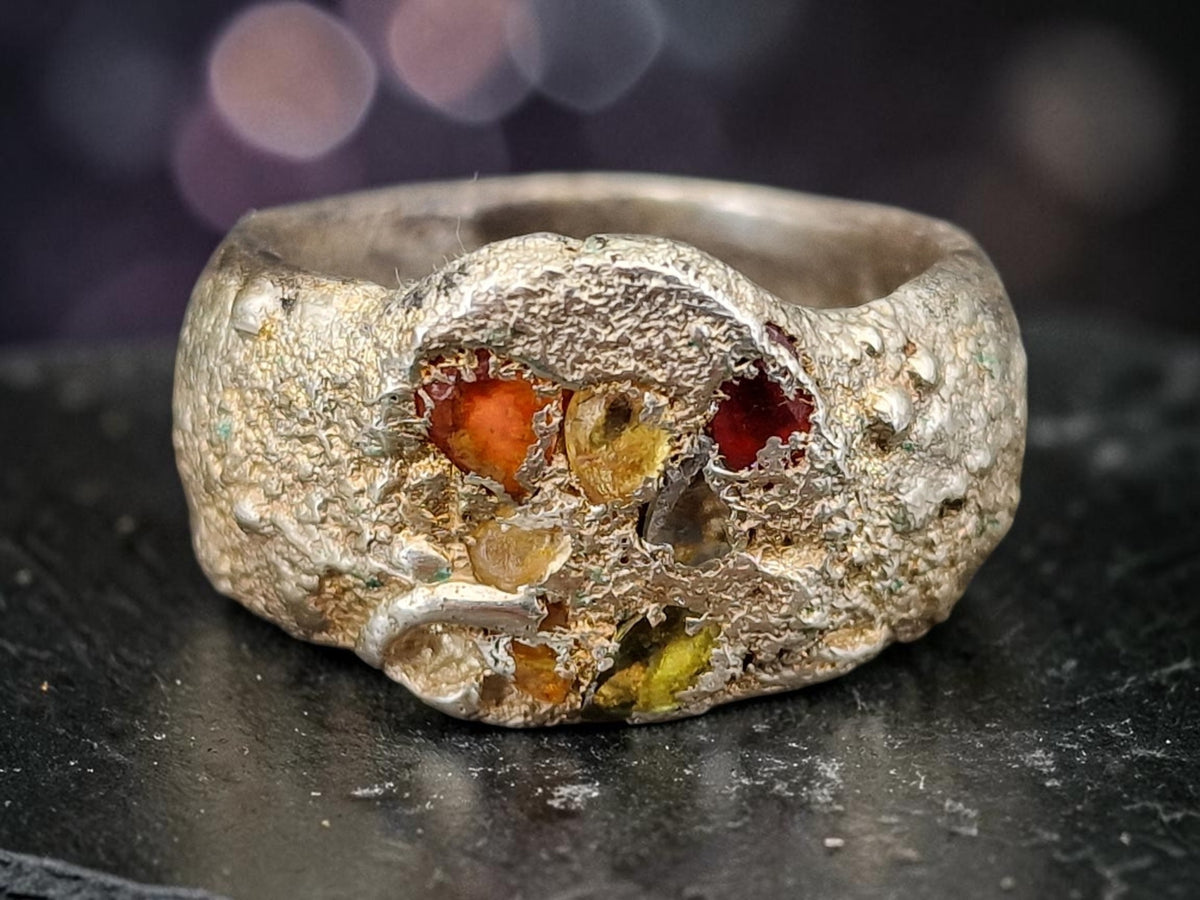 Sandguss Design Ring, Gr. 61 (19,5), aus 925er Silber, Siegelring Optik, Saphire und Rubin, massiv, Unikat, Handarbeit, Nr. 165