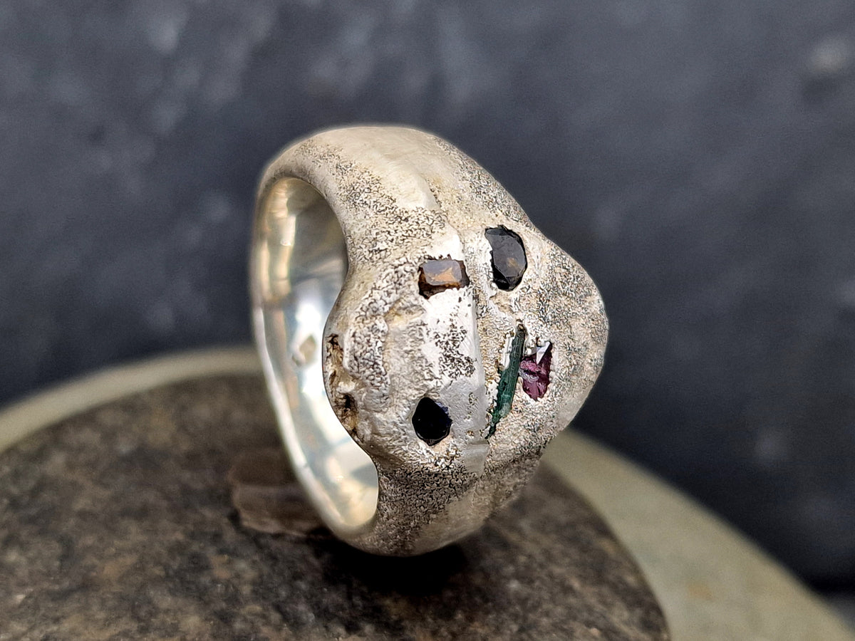 Chaos Sandguss Design Ring aus 925er Silber, Gr.62 (19,7), Siegelring Optik, versch. Edelsteine, Unikat, Handarbeit, Unisex, Nr. 166