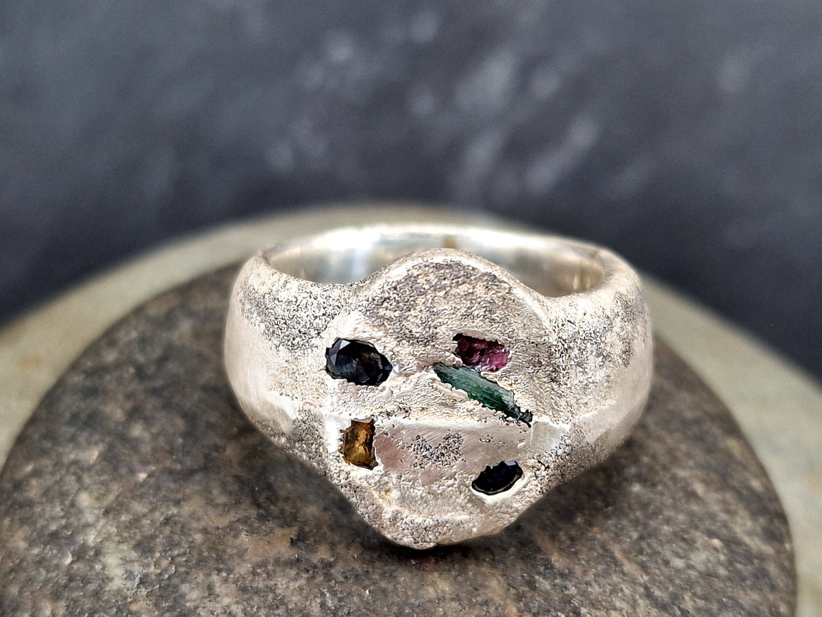 Chaos Sandguss Design Ring aus 925er Silber, Gr.62 (19,7), Siegelring Optik, versch. Edelsteine, Unikat, Handarbeit, Unisex, Nr. 166