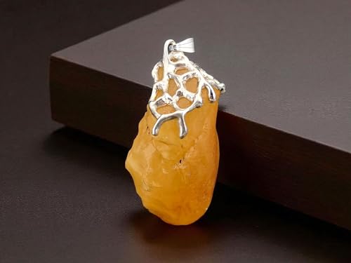 LeoLars-PABE Honiggelber opaker Nordsee Bernstein Design Anhänger aus 925er Silber, natürlich, unbearbeitet, Gitterstruktur Tropfen Design, groß; 52mm x 29,4mm, Unikat, Unisex, Handarbeit