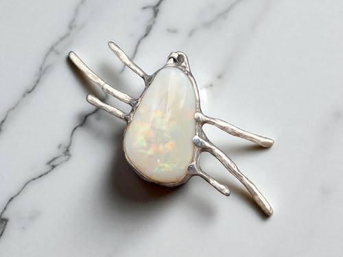 LeoLars-PABE Weißer Opal Design Anhänger aus 925er Silber im Ast Design aus echten Ästen abgeformt, Opal Multicolor Opalfeuer, groß, außergewöhnlich, Unikat, Handarbeit, Unisex