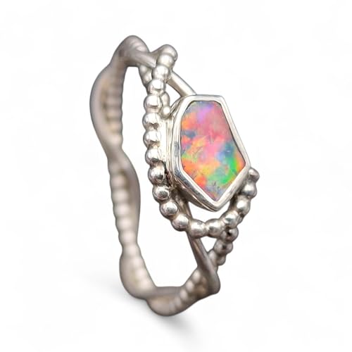 LeoLars-PABE Multicolor Lightning Ridge Opal Design Ring, Gr. 62 (19,7), aus 925er Silber, Perldrahtdesign, Opal in Zargenfassung, Unikat, Handarbeit