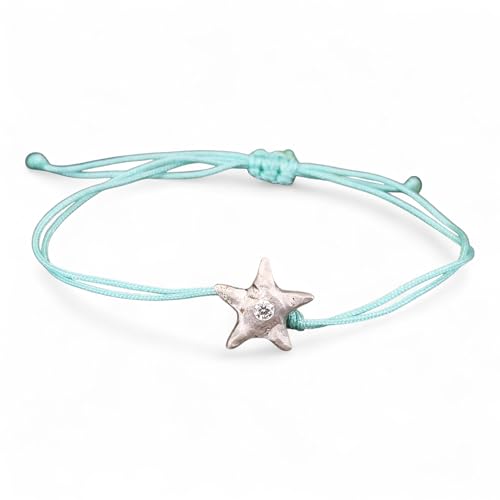 LeoLars-PABE Hellblaues Makramee Design Armband mit Seestern aus 925er Silber mit Labgrown Diamant, Umfang von 16-24cm, Unikat, Handarbeit