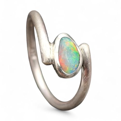 LeoLars-PABE Design Ring mit Lightning Ridge Opal aus 925er Silber, Gr. 56-57 (18,1), mehrfarbiges Opalfeuer, seidenmatt, Unikat, Handarbeit