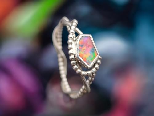 LeoLars-PABE Multicolor Lightning Ridge Opal Design Ring, Gr. 62 (19,7), aus 925er Silber, Perldrahtdesign, Opal in Zargenfassung, Unikat, Handarbeit