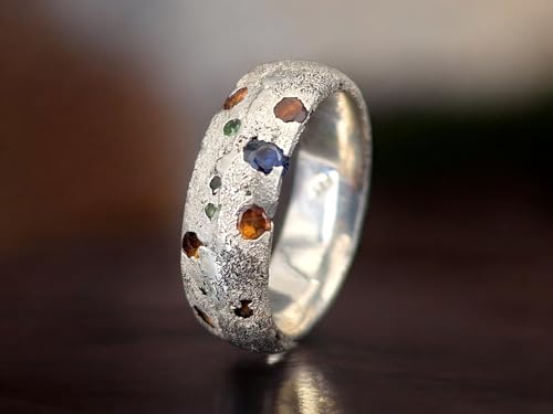 LeoLars-PABE Sandguss Chaos Design Ring, Gr. 61 (19,5), aus 925er Silber, Sandguss typische Oberfläche, eingegossene orange, blaue und grüne Saphire, Nr. 159, Unikat, Handarbeit