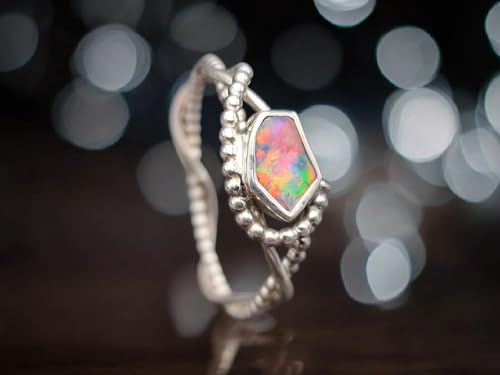 LeoLars-PABE Multicolor Lightning Ridge Opal Design Ring, Gr. 62 (19,7), aus 925er Silber, Perldrahtdesign, Opal in Zargenfassung, Unikat, Handarbeit