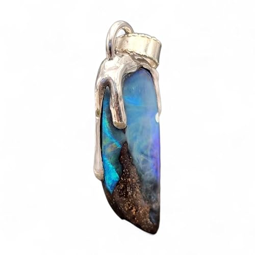 LeoLars-PABE Boulder Opal Design Anhänger aus 925er Silber im Tropfendesign, flüssiges Silber, grün-blaues Opalfeuer, Opal 28mm x 11,7mm x 7,7mm, Unikat, Handarbeit, Unisex