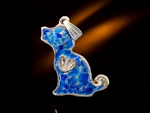 Hauyn Splitter Hunde Design Anhänger aus 925er Silber, kräftiges blau, unter UV-Licht Orange leuchtend, in Kunststoff eingegossen, Hund, Welpe, Herz, Hundeliebhaber, Unikat, Handarbeit, Unisex