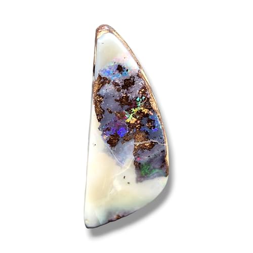 Gebohrter Boulder Opal Anhänger mit 60cm Lederband, Opal - partielles mehrfarbiges Opalfeuer, weiße gemeine Opalschicht, 29,6 x 12,1 x 5,7mm, Unikat, Handgeschliffen