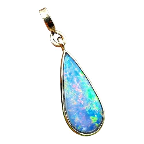 LeoLars-PABE Andamooka Opal Anhänger aus 585er Gelbgold in Tropfenform, herrliches Multicolor Opalfeuer, beidseitig tragbar, Unikat, Handarbeit