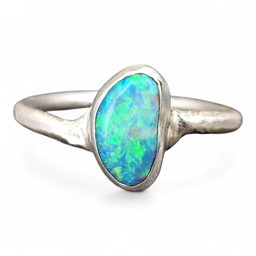 LeoLars-PABE Lightning Ridge Opal Ring, Gr.59-60 (19), aus 925er Silber, grob geschmiedet, Opalfeuer in brilliantem grün und blau, Unikat, Handarbeit