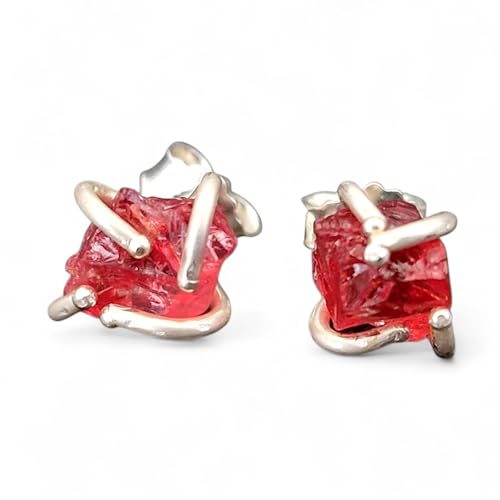Spinell Rohstein Ohrstecker aus 925er Silber mit Flügelmuttern, kräftiges rot, Unikat, Handarbeit