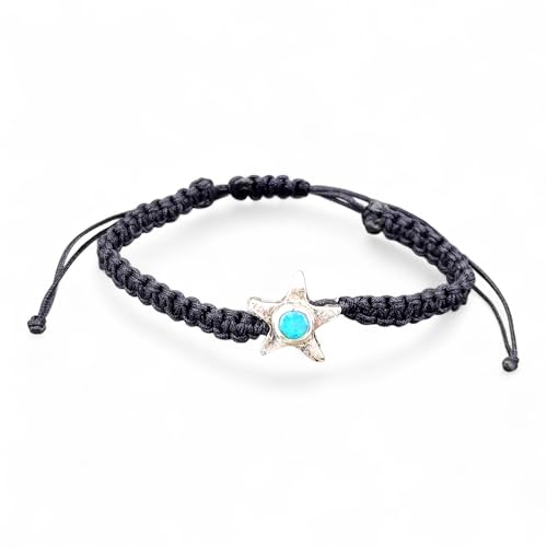LeoLars-PABE schwarzes Seestern Makramee Design Armband, aus 925er Silber mit Lightning Ridge Opal mit grün-blauem Feuer, Unikat, Umfang 18-25cm, Unisex, Handarbeit