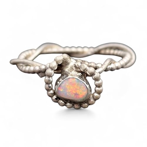 LeoLars-PABE Heller Lightning Ridge Opal Design Ring mit viel rotem Opalfeuer und Multicolor, Gr. 58 (18,5), aus 925er Silber, verspielt, mit Perldraht, Unikat, Handarbeit