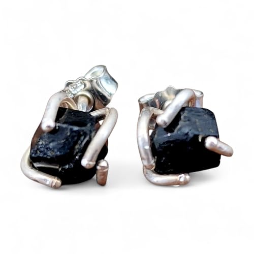 Ohrstecker mit Melanit Rohsteinen, aus 925er Silber mit Flügelmuttern, fast schwarz, Unikat, Handarbeit